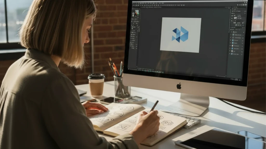 photo d'une femme graphiste qui travaille sur un logo